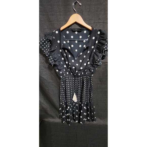 Zara Women Dress Contrast Polka Dots Ruffle Party Midi Sz XS‎ Black White NEW - Picture 3 of 11